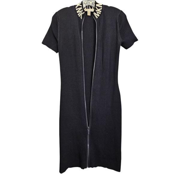 Nwot Michael Kors Black Ribbed Knit MK Logo Neckline Shortsleeve Zipfront Dress - Picture 3 of 17